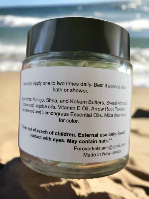 Jar of Forever Kelsi Ann organic Sandalwood and Lemongrass body butter showing Ingredients and Directions Label