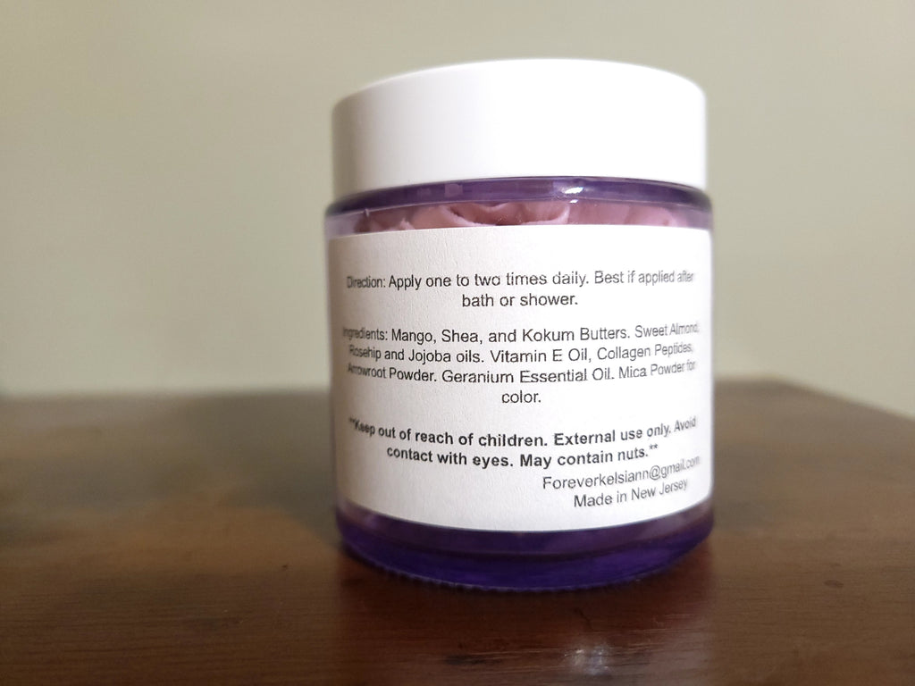 Jar of ForeverKelsiAnn Organic body butter showing ingredients label