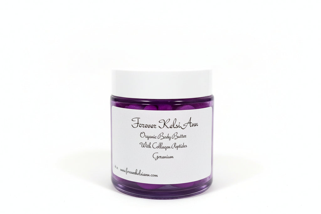 Organic body butter with collagen and geranium in glass jar
