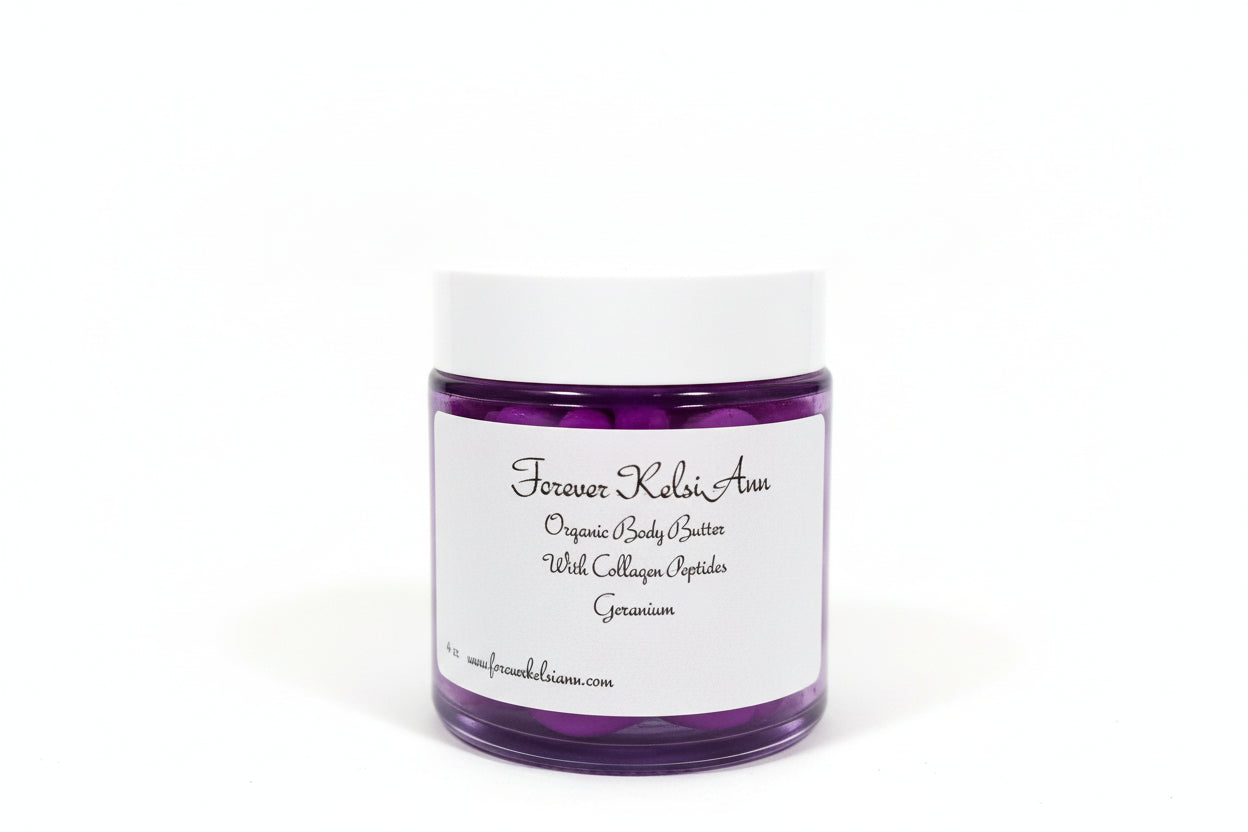 Organic body butter with collagen and geranium in glass jar
