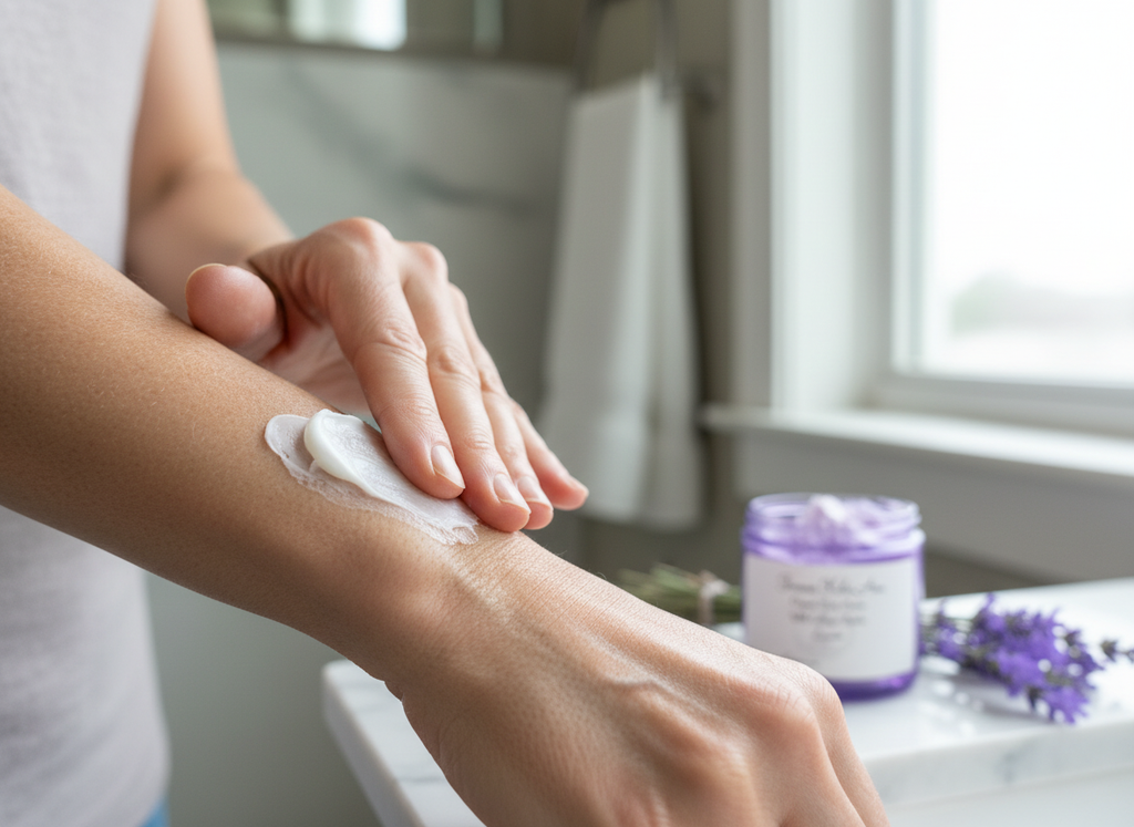 Hands applying collagen body butter - corrected