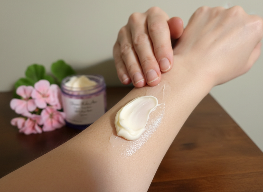 Hands applying collagen body butter