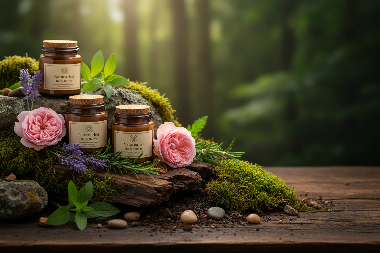 Natural skincare hero banner - Mother Nature's Daughter - reusable glass jars with botanicals