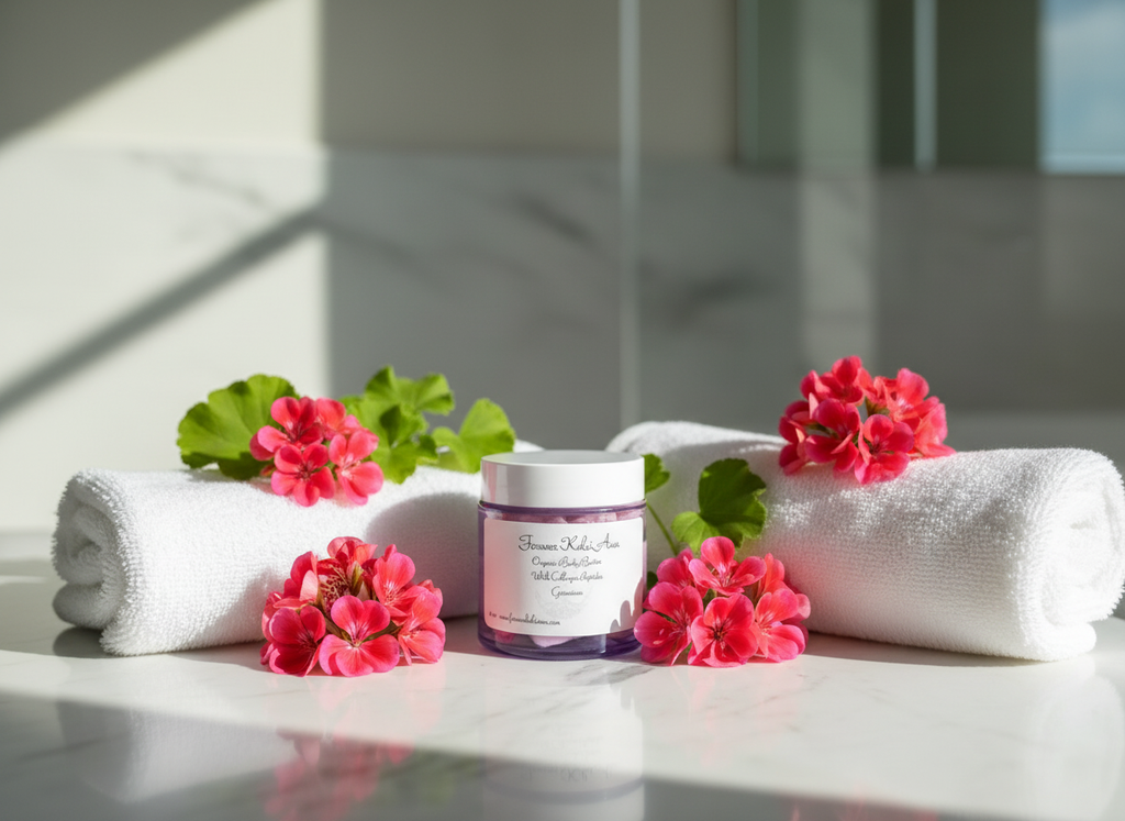 Spa-inspired lifestyle shot with geranium flowers